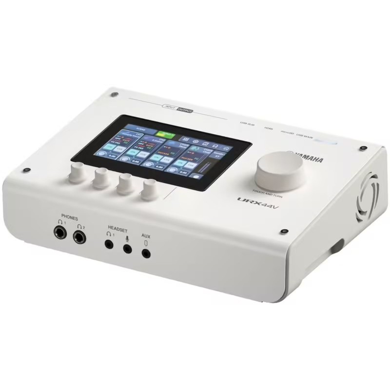 Image d'une interface audio URX44V, de couleur blanche, de la marque Yamaha