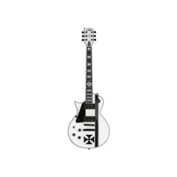 Image d'une guitare électrique signée James Hetfield, modèle IronCross Snow White pour gaucher, de la marque LTD