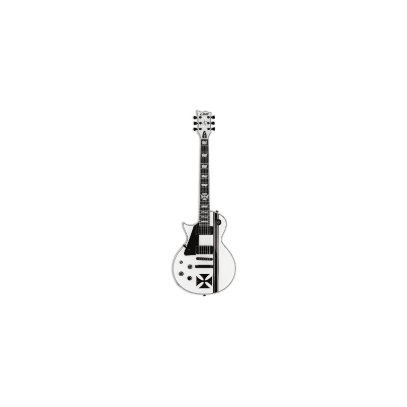 Image d'une guitare électrique signée James Hetfield, modèle IronCross Snow White pour gaucher, de la marque LTD