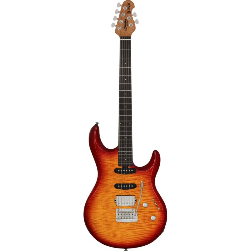 Image d'une guitare électrique signée Steve Lukather, modèle LK100 HSS, de couleur Heritage Chery Burst, de la marque Sterling