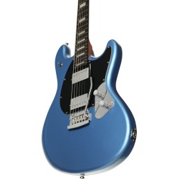 Image d'une guitare électrique, modèle Stingray Baritone SR50, de couleur Toluca Lake Blue, de la marque Sterling