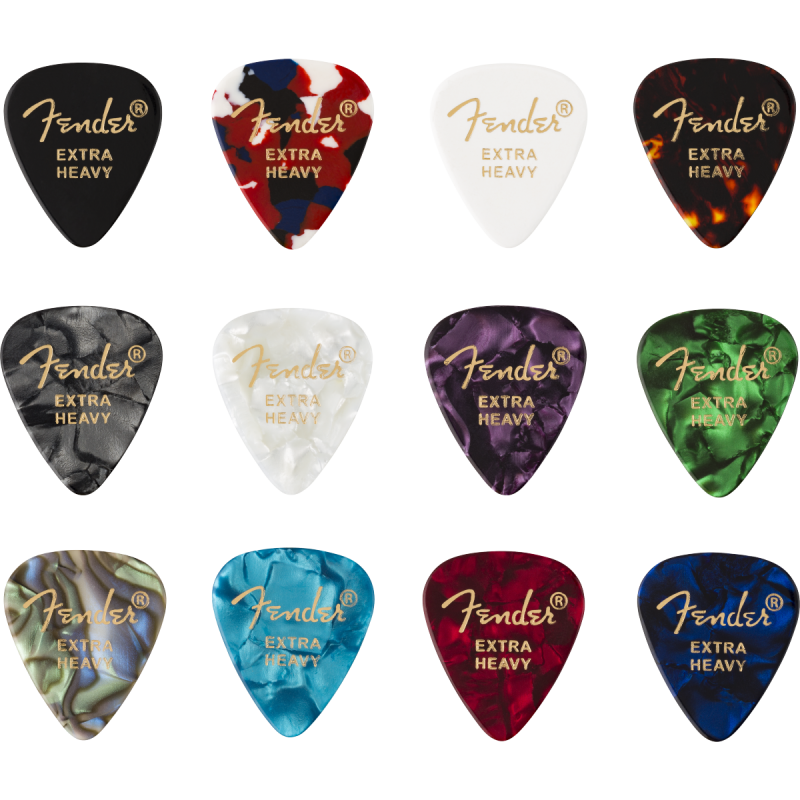 Image d'un pack de 12 médiators celluloid 351 Heavy, de la marque Fender